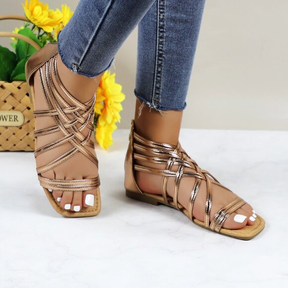 Women Rose Gold Roman Gladiator Muliti Straped Back Zip Design Flat Heel Sandals - Picture 2 of 5